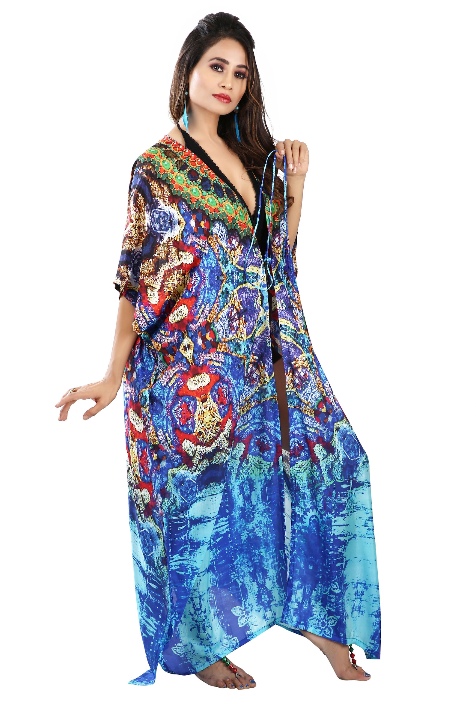 Hand embellished Lace up beach cover up silk kimono Designer Etsy