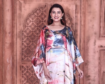 Womens Silky Satin Kaftan Maxi Dress, Plus Size Resort Wear