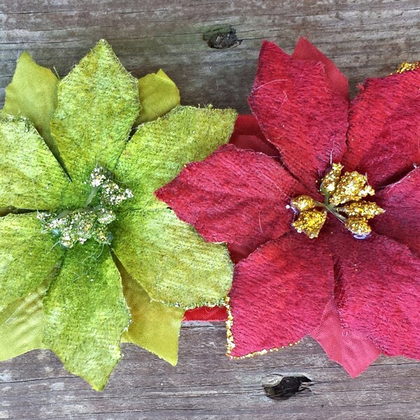 Green and Red with Gold Glitter Poinsettia Christmas Festive Holiday 2 Flower Interchangable Dog Collar or Harness Accessory with Elastic