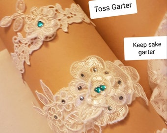 Wedding Garter set, Something Blue Bridal Garter set. Keepsake Garter and Toss Garter lace embrodery, Crystal  garter.-R-L-XL