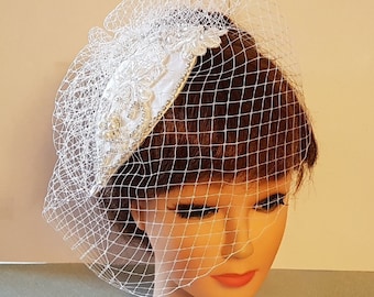 Birdcage veil Hat fascinator Vintage 1940s-50s Bridal Fascinator Birdcage Veil hat White, Ivory Teardrop hat   Crystal Fascinator & Veil 2Pc