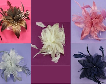 Flower fascinator, Net & Feather  Fascinator.  Fascinator Hair Comb .Bridal,bridesmaids ,Wedding ,Race, occassion hair comb. Prom fascinator