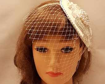 Birdcage veil hat fascinator, Vintage 1940s-50s Fascinator, Veil hat White, Ivory Tear drop hat  birdcage veil Crystal Fascinator & Veil 2Pc