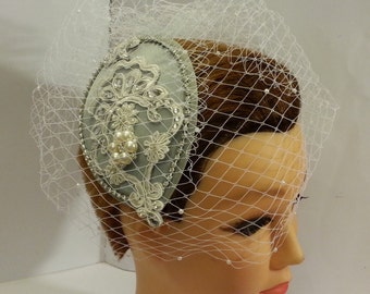 Vintage 1940s-50s Fascinator hat veil White, Ivory birdcage veil SILVER Tear drop hat Crystal Fascinator & Veil  2Pc set Bridal blusher veil