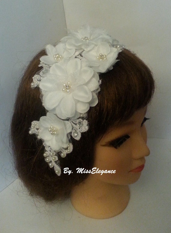 Vintage White Floral Fascinator with Veil - 50s Style Birdcage Veil Vintage Bridal Fascinator With Birdcage Veil, White Wedding  main image 3