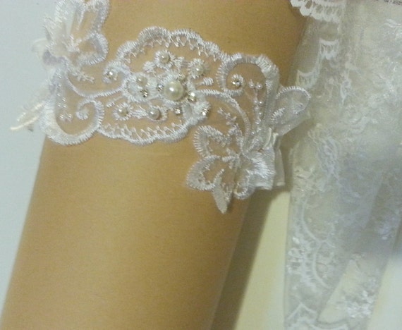 White,Ivory something blue garter crystal R//L//XL Wedding Garter Bridal Garter