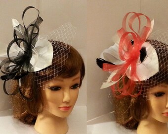 Hat Fascinator Weddings Ladies Day Race Royal Ascot french net.Tear drop hat fascinator,Black Red fascinator