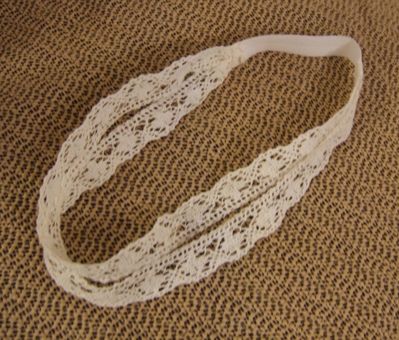 White cotton Crochet Lace Headband, Stretchy Headband,white Double Strand Headband.Vintage crochet lace headband image 3