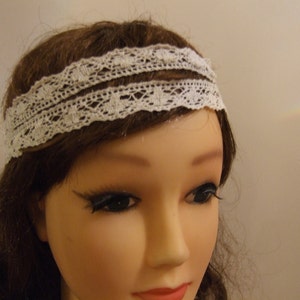 White cotton Crochet Lace Headband, Stretchy Headband,white Double Strand Headband.Vintage crochet lace headband image 1