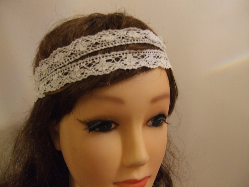 White cotton Crochet Lace Headband, Stretchy Headband,white Double Strand Headband.Vintage crochet lace headband image 1