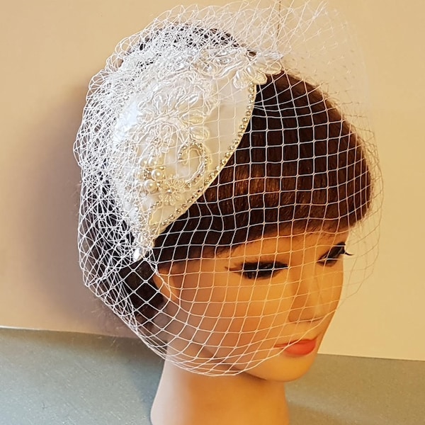 Birdcage veil hat fascinator Vintage 1940s-50s Fascinator Bridal hat White,Ivory Tear drop hat  birdcage veil Crystal Fascinator & Veil 2Pc