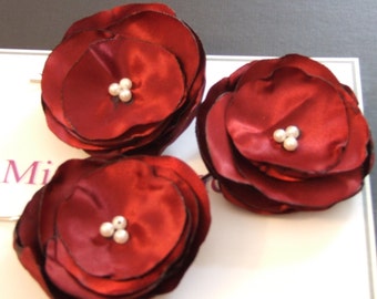 burgundy/Maroon/Wine Red Hair Flowers - 3 Bridal Flower Clips - Hair Accessories - Flower Hair Piece - Fascinator