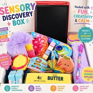 May include: A sensory discovery box containing a black digital writing tablet with a red stylus, a purple faux fur pom-pom, a blue pop-it toy, a yellow butter-shaped squishy labeled 4oz, a rainbow koosh ball, a peach-shaped squishy, and various fidget toys.