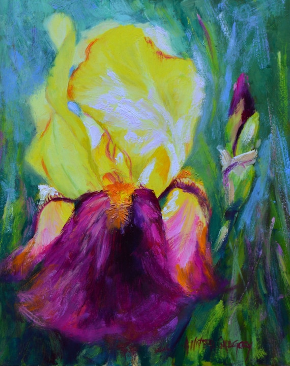 Items similar to Iris painting, Purple and yellow iris, floral art ...