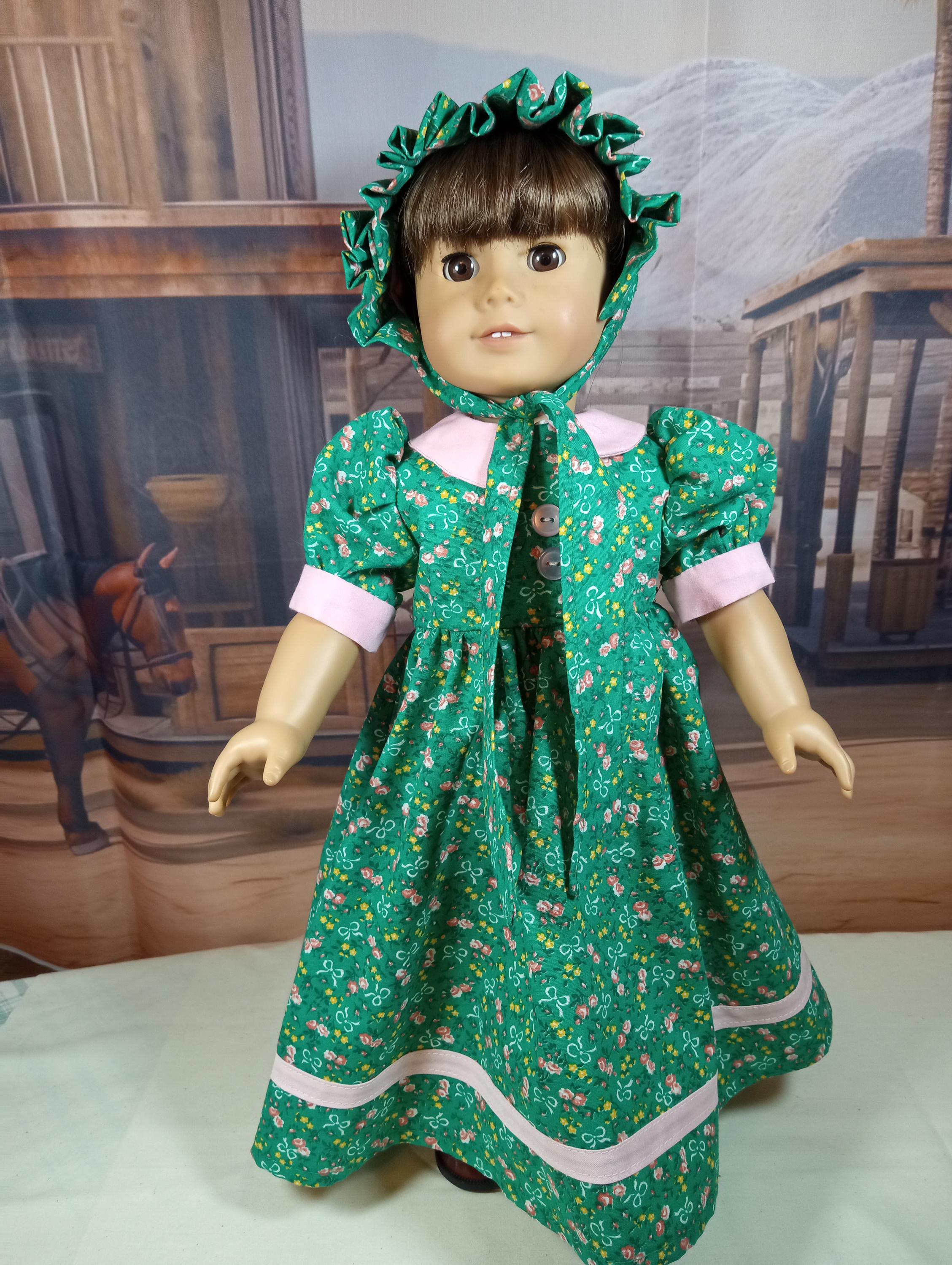 Handmade Prairie  Style 18" Doll Dress with Bonnet "Prairie Flowers" fits American Girl Dolls Free Shipping