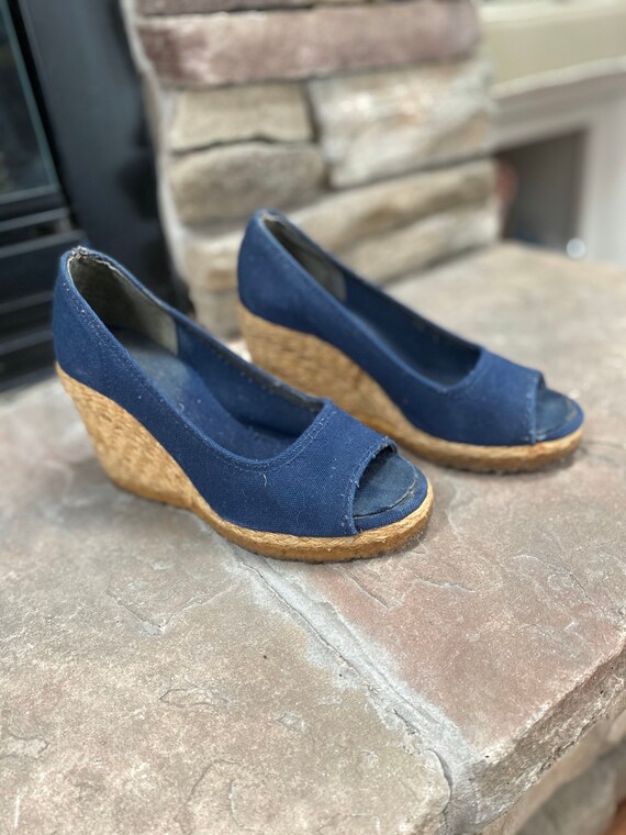 1975 Vintage Espadrille Wedge Shoes, Blue Canvas,