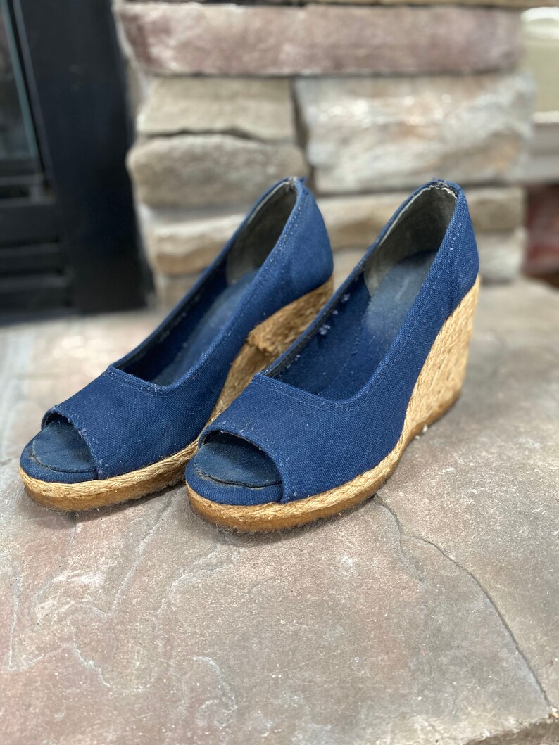1975 Vintage Espadrille Wedge Shoes Blue Canvas Size 6.5 Etsy