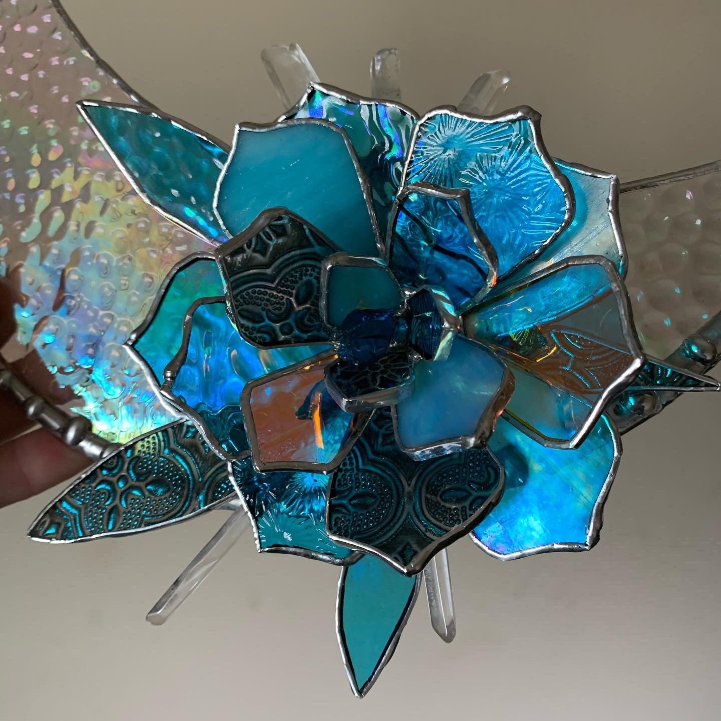 Blue Dichroic Succulent Moon Stained Glass Art