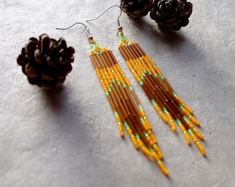 Orange Brown and Green, Modern Native American Beaded Earrings