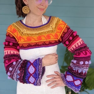 Pattern: Folklore Sweater Shrug / Crochet sweater crop top bolero shrug pattern / PDF and Video