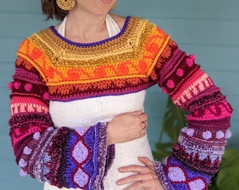 Folkloristisch gehaakte trui schouderophalend patroon: crop-top bolero (pdf en video)