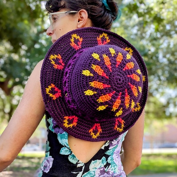 Pattern: Sunburst Mosaic Sunhat / Crochet wide brimmed sunhat / PDF download