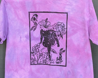 Cosmic Koi and Hibiscus / Hand dyed Blockprint T-shirt 100% cotton