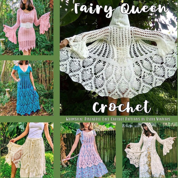 Patrones de crochet de encaje de piña: vestido, falda, chal (hasta talla 3XL)