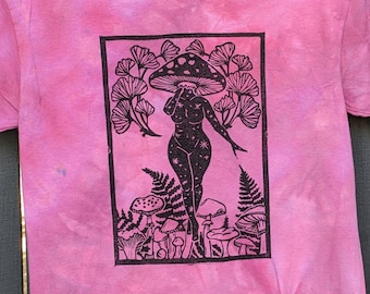 Mushrooms and Ginko / Hand dyed Blockprint T-shirt 100% cotton