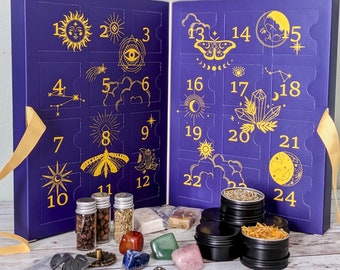 Calendario de Adviento de Brujas / Caja de Adviento + Baraja de Tarot / Hierbas, Cristales, Joyas, Tés / Regalo 2 en 1