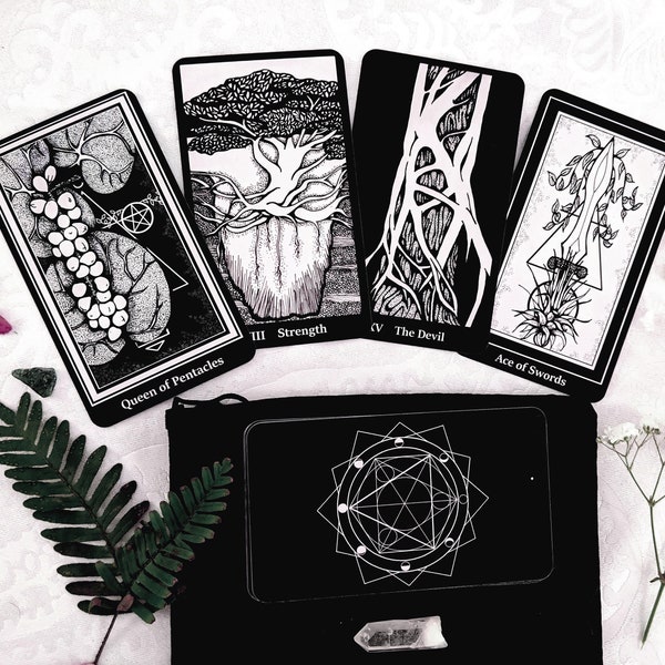 Terra: Botanical Tarot Deck / Plant Ally Deck / 78 Cards Hand Drawn Black and White