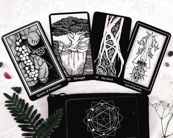 Terra: Botanical Tarot Deck / Plant Ally Deck / 78 Cards Hand Drawn Black and White