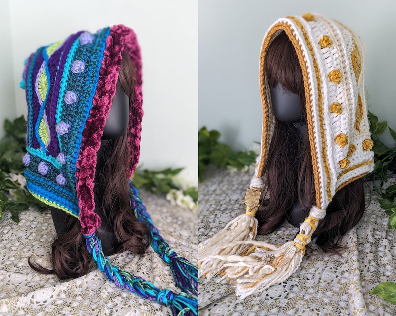 May include: Two crocheted hooded scarves with long tassels. The first scarf is blue, green, and purple with a burgundy velvet trim. The second scarf is white with gold accents.
