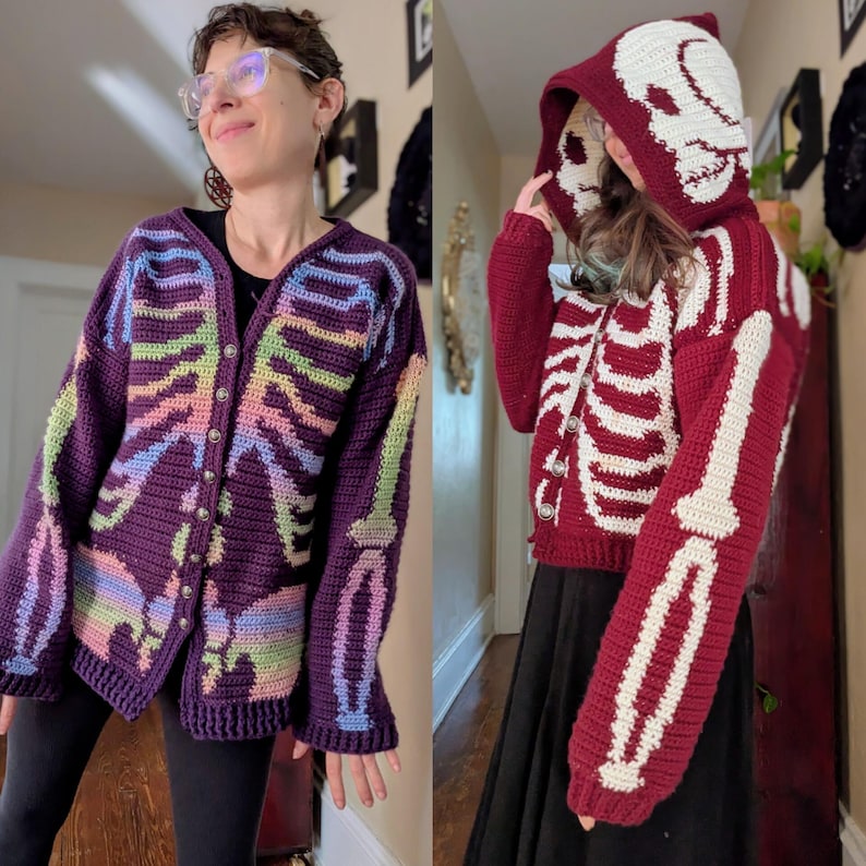 May include: Two crochet skeleton cardigans. One is a deep purple with rainbow-colored ribcage details. The other is a burgundy color with white ribcage details and a skull hood. Both have button closures.