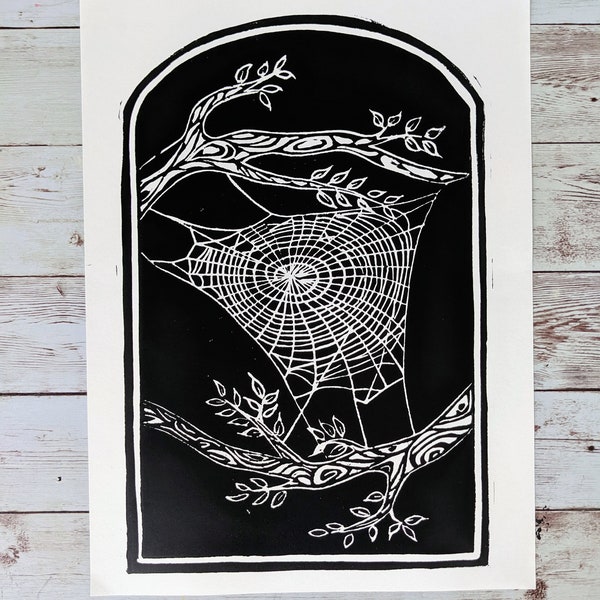 Spider silk Spider Web / Entomology and plant themed lino block art print  / 9"x12"