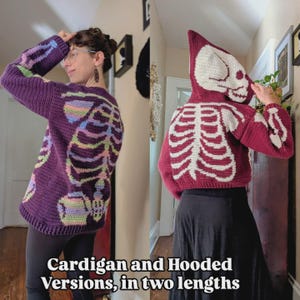 May include: A purple cardigan and hooded sweater with a crochet skeleton design. The skeleton is white and the sweater has a rainbow gradient on the sleeves and back. The image shows two versions of the sweater.