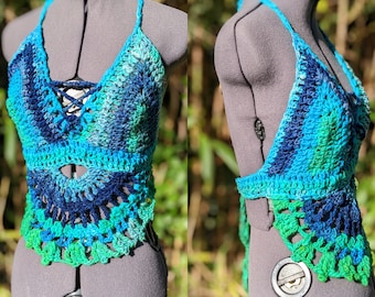Sirens Call crochet mandala halter / Hilo de arte teñido a mano / Ooak