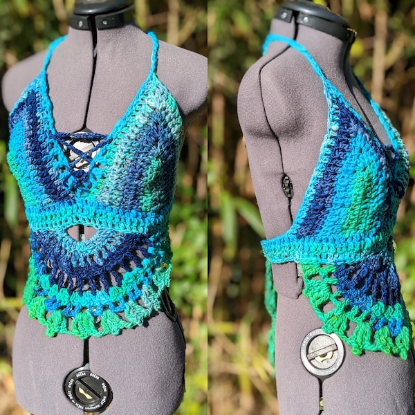 Sirens Call crochet mandala halter / Hand spun, hand dyed art yarn / Ooak