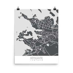 Impresión del mapa de Reykjavik en gris