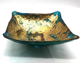 Gorgeous Painted Aqua and Gold Console Bowl