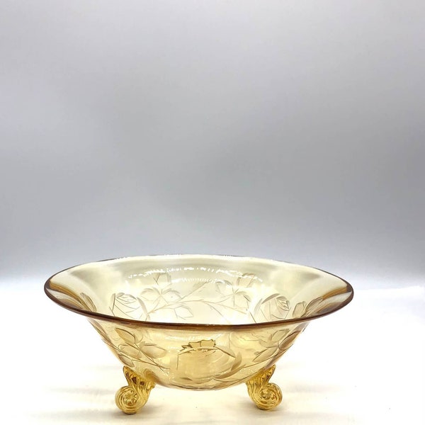 Gorgeous Yellow Glass Art Deco Style Etched Three Foot Bowl
