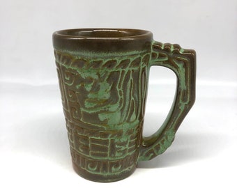 Gorgeous Very Collectible Frankoma Prairie Green Mayan Aztec Mug Coffee Tea