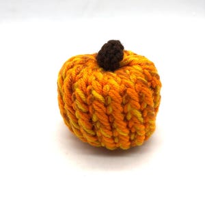 May include: A small crocheted pumpkin with orange and yellow yarn, and a brown yarn stem.