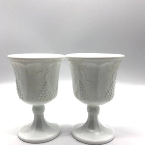 Two Gorgeous Vintage Grape Pattern Milk Glass Goblets