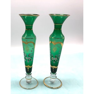 Two Green Czech Bohemian Bud Vases Gold
