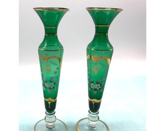Two Green Czech Bohemian Bud Vases Gold
