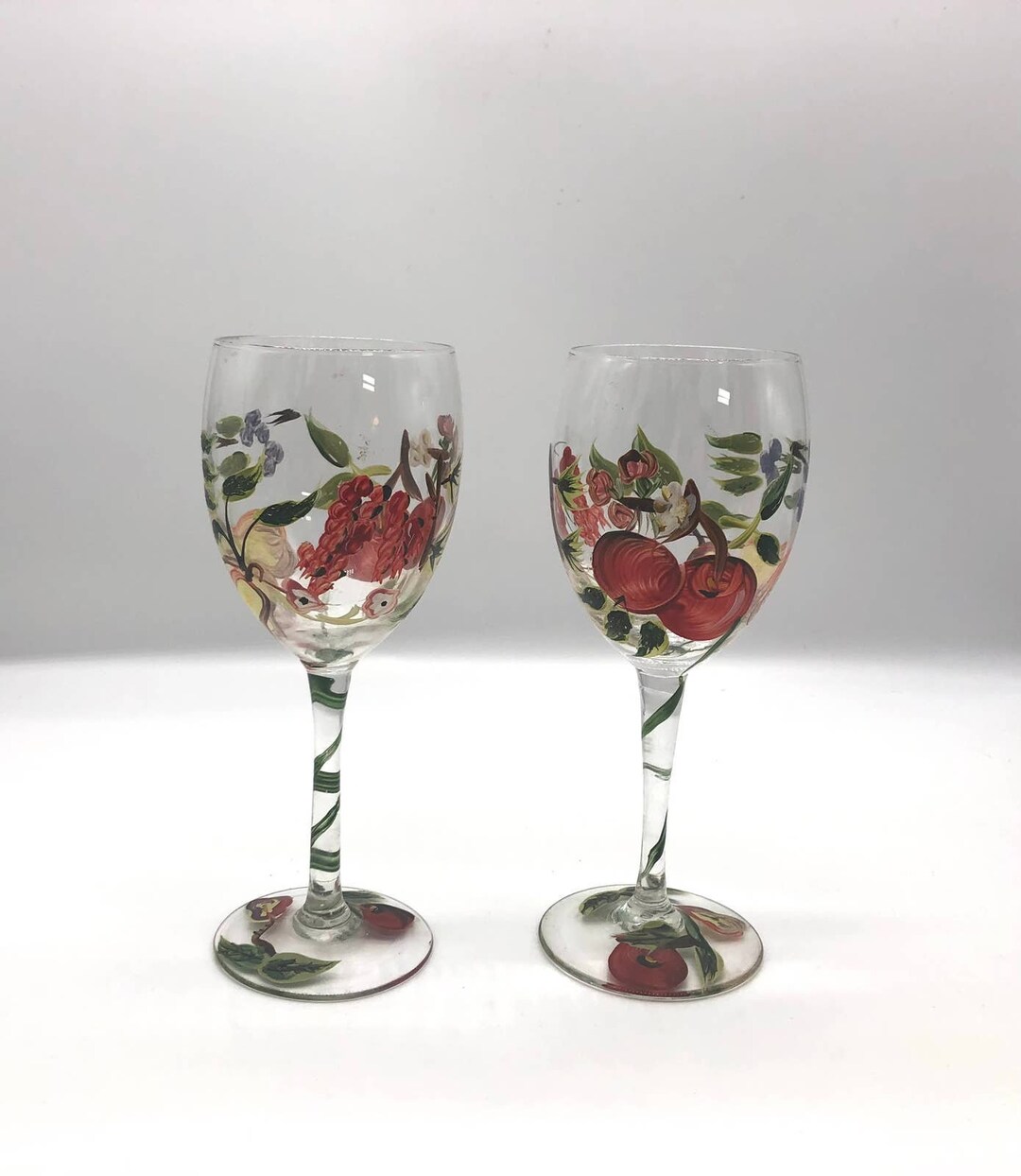 Two Beautiful Handpainted Fruit Wine Glasses Goblets Etsy