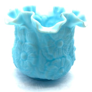 Fenton Blue Satin Ruffle Vase Daisies