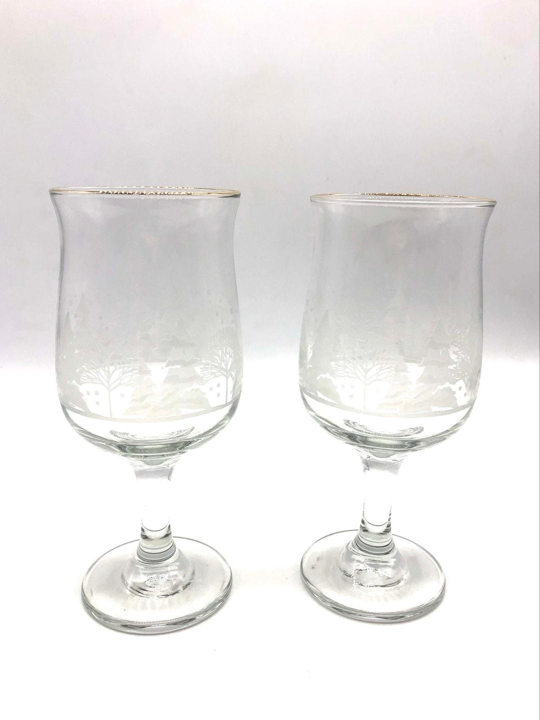 Two Gorgeous Libbey Holiday Wine Glasses Christmas Etched Trees Gold ...