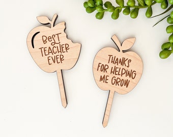 Digital Teacher Appreciation Apple Plant Pick SVG, Thanks for Helping Me Grow Garden Plant Stake Laser Cutting File, Best Teacher Ever Files
